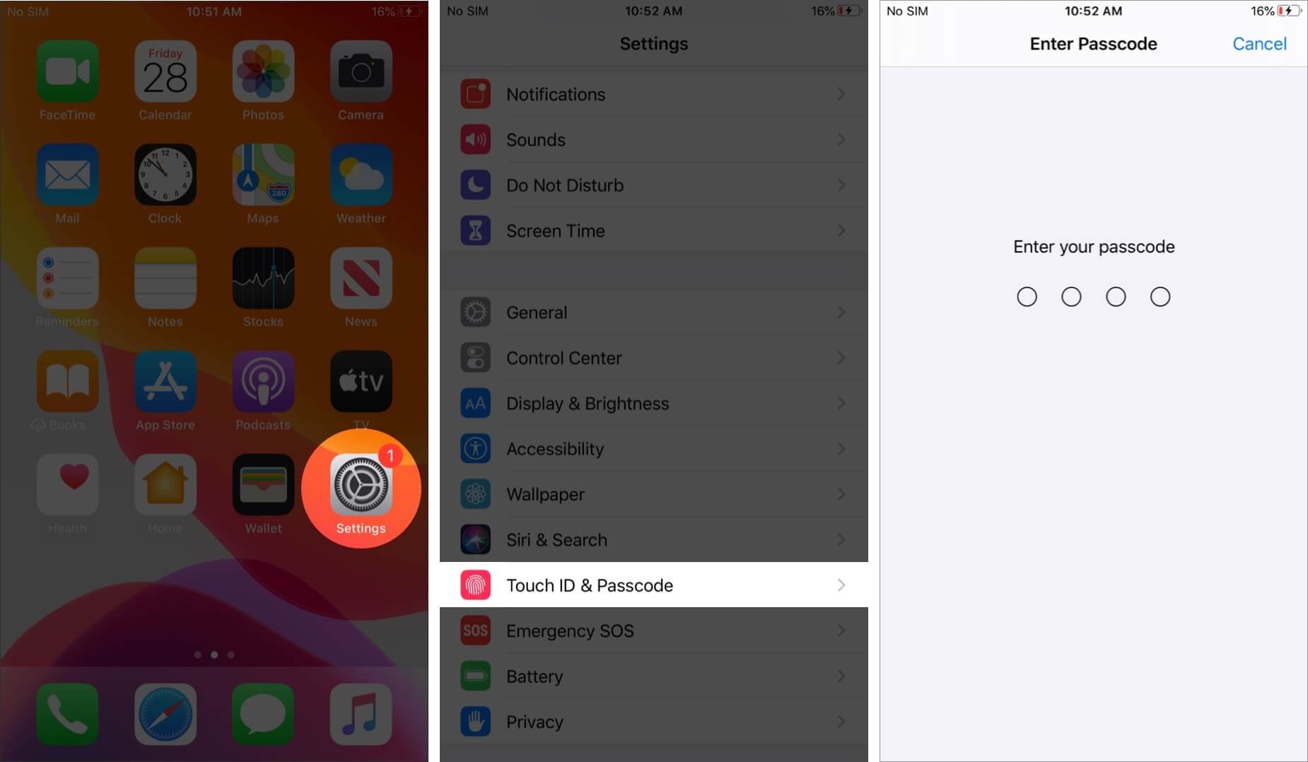 open settings and tap on touch id and passcode