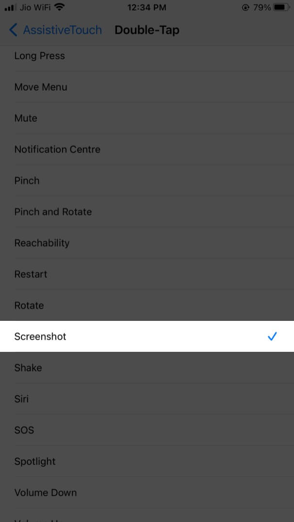 Select Screenshot from Menu for Assistive Touch on iPhone