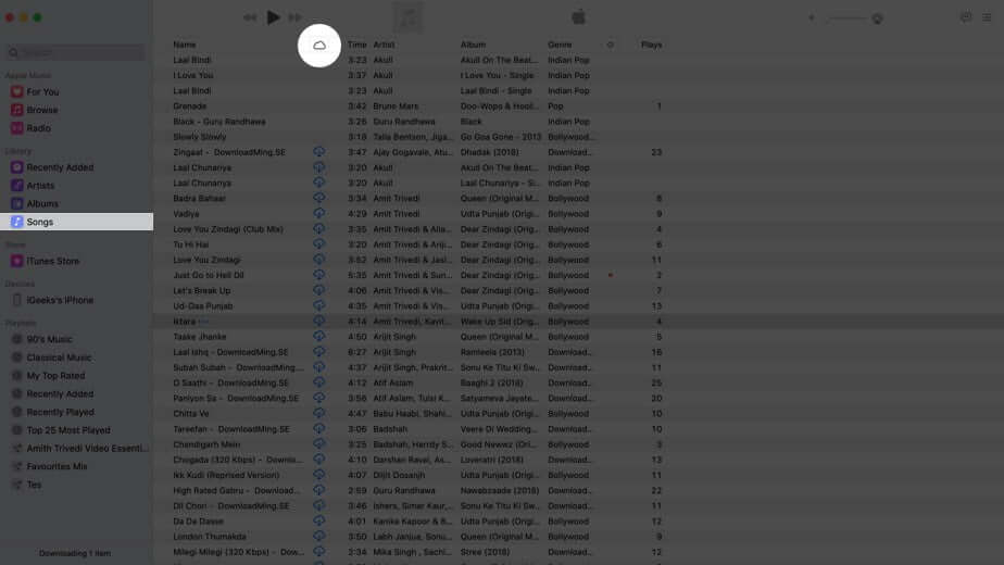 select songs from left sidebar in music app on mac