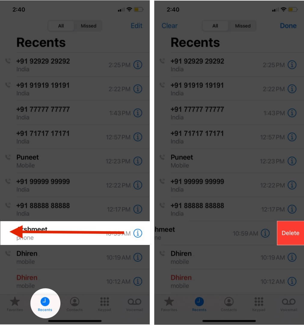 swipe left on number and tap on delete to remove specific call history on iphone