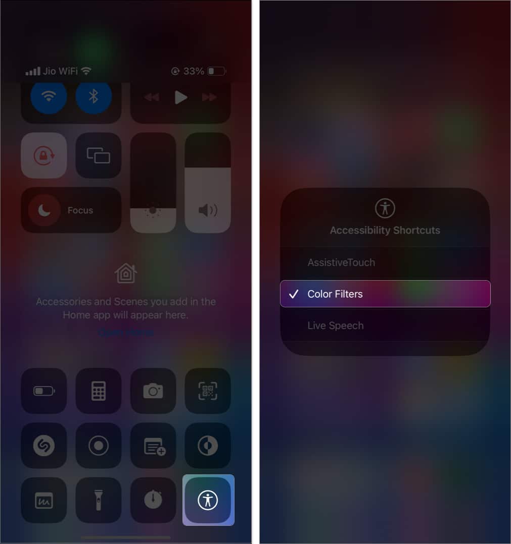 tap accessibility shortcut icon, select color filter in control center
