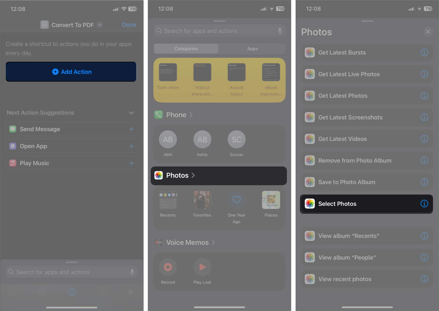 tap add action, select photos, tap select photos in shortcuts