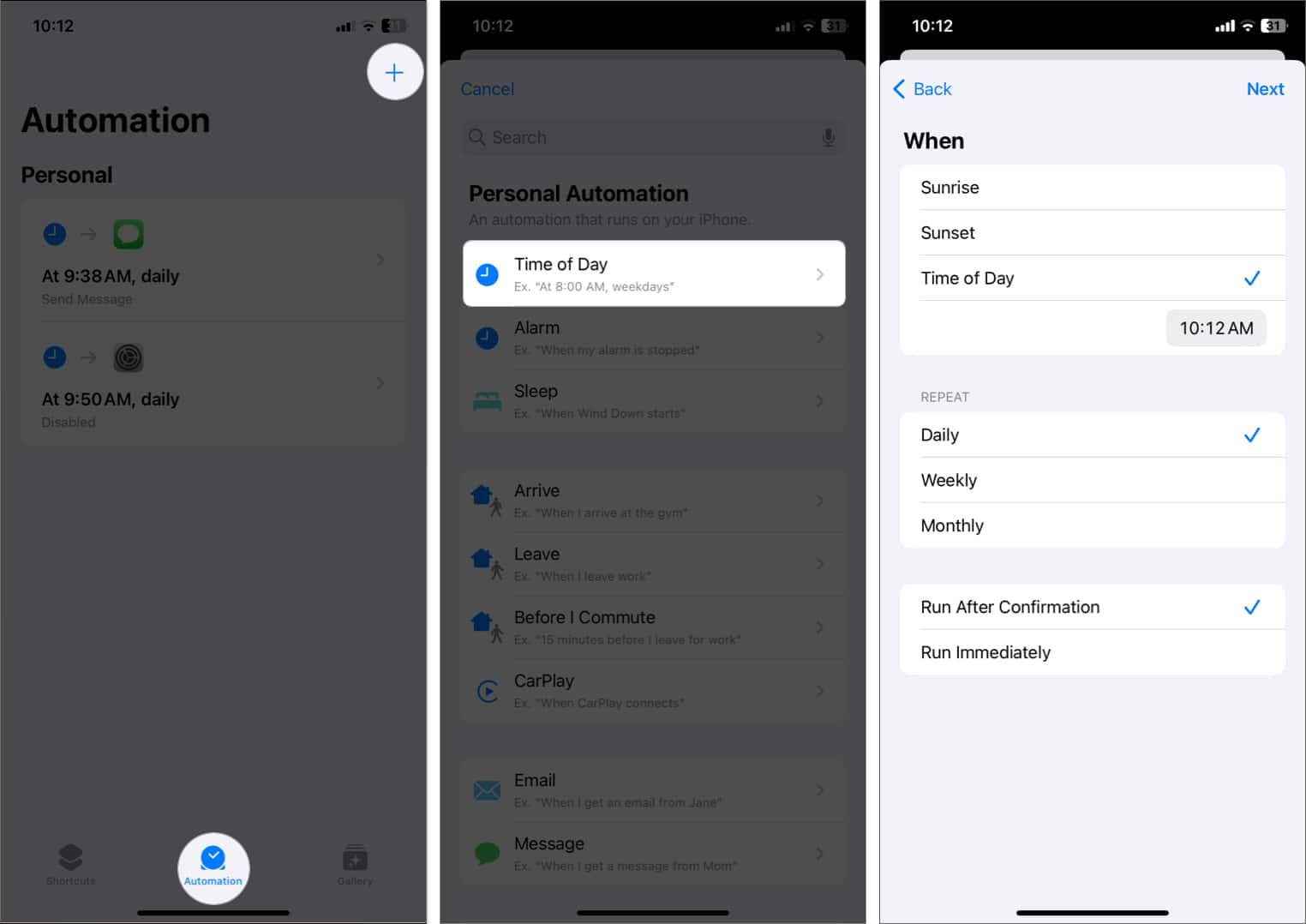 tap automation, tap plus sign, select time of day, choose the time, repeat option, tap next in shortcuts