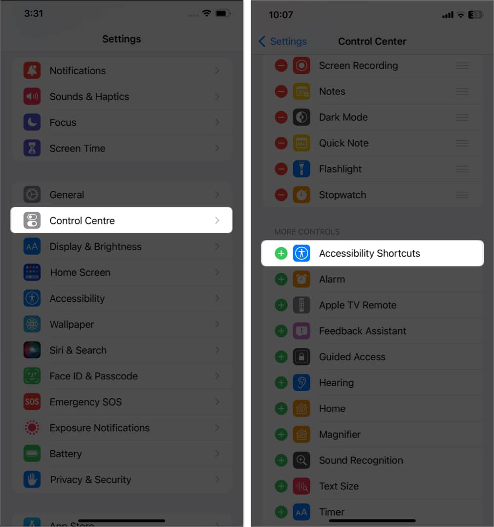 tap control center, tap accessibility shortcut in settings