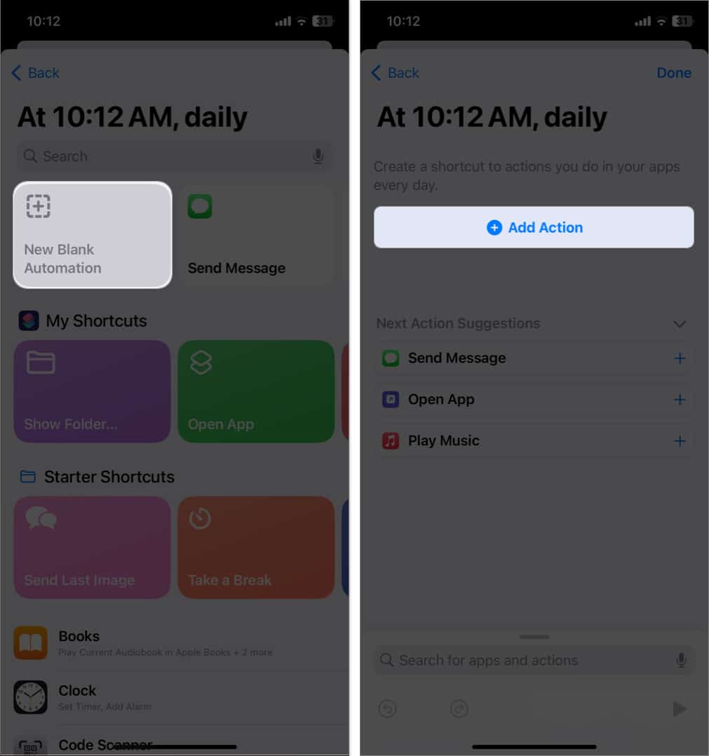 tap new blank automation, tap add action in shortcuts