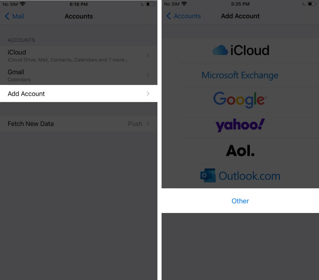 Tap on Add Account and Then Tap on Other on iPhone