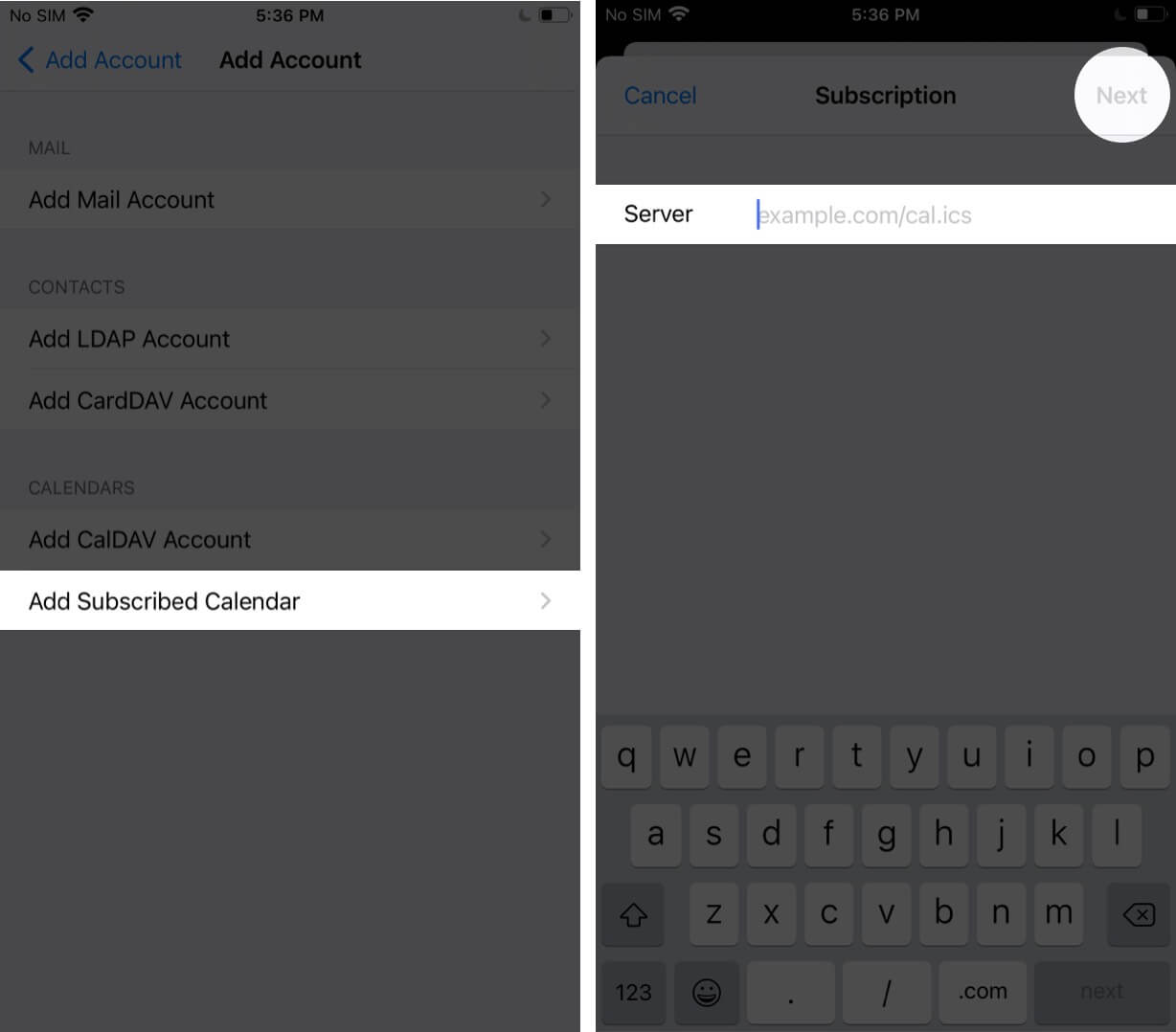 Tap on Add Subscribed Calendar Add ICAL Url and Tap on Next on iPhone