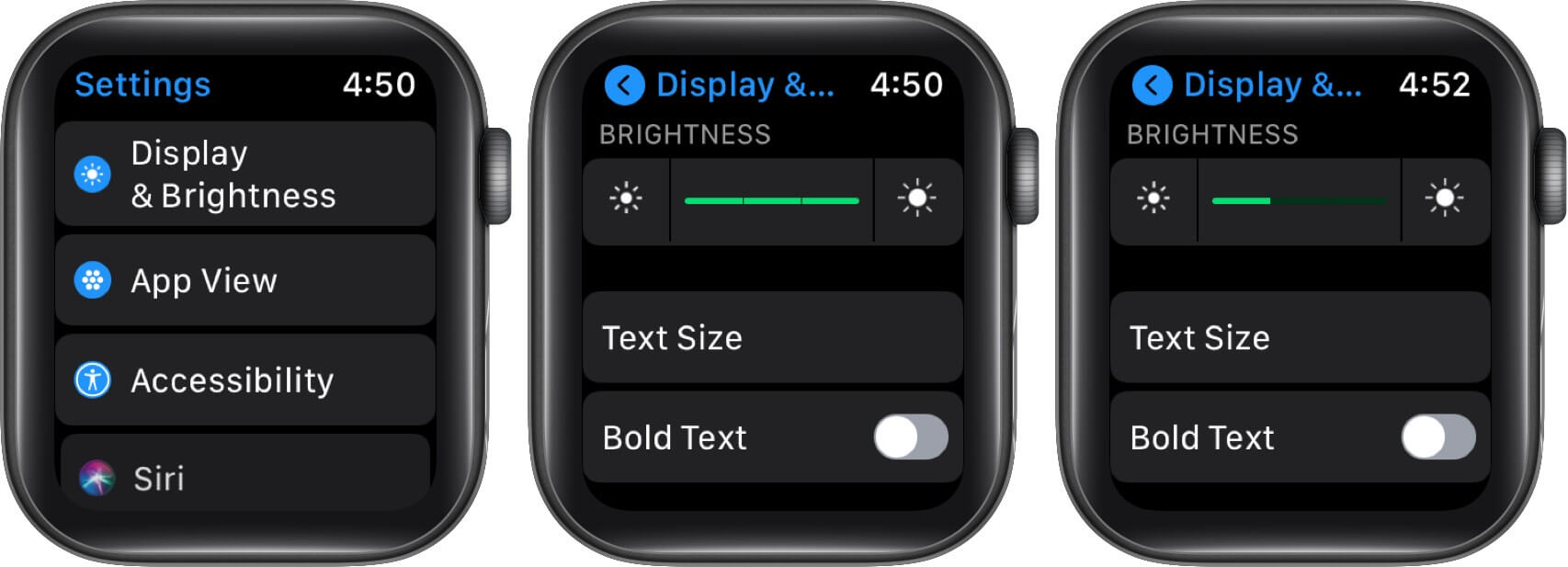 Tap on Display & Brightness and Drag Slider to Lower Brightness of Apple Wach Screen