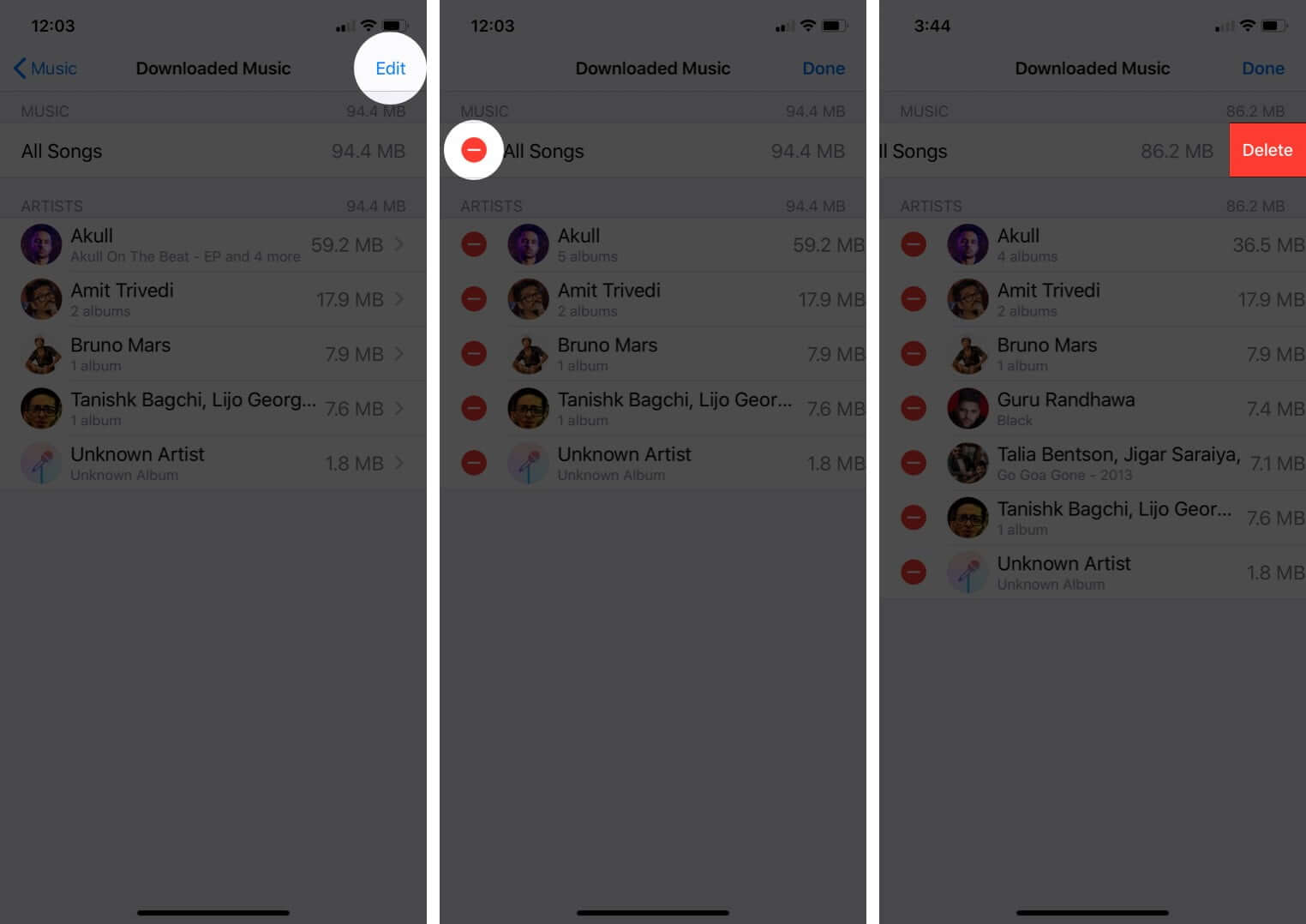 tap on edit and tap red minus icon then tap on delete to remove all songs from music app on iphone