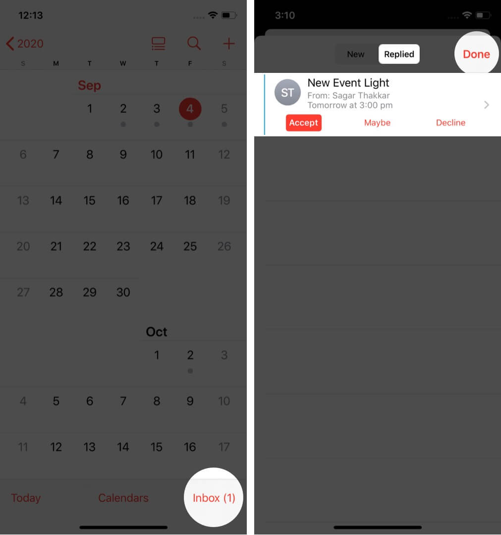 tap on inbox select replied tab and choose preferred option to manage shared events in calendar app on iphone