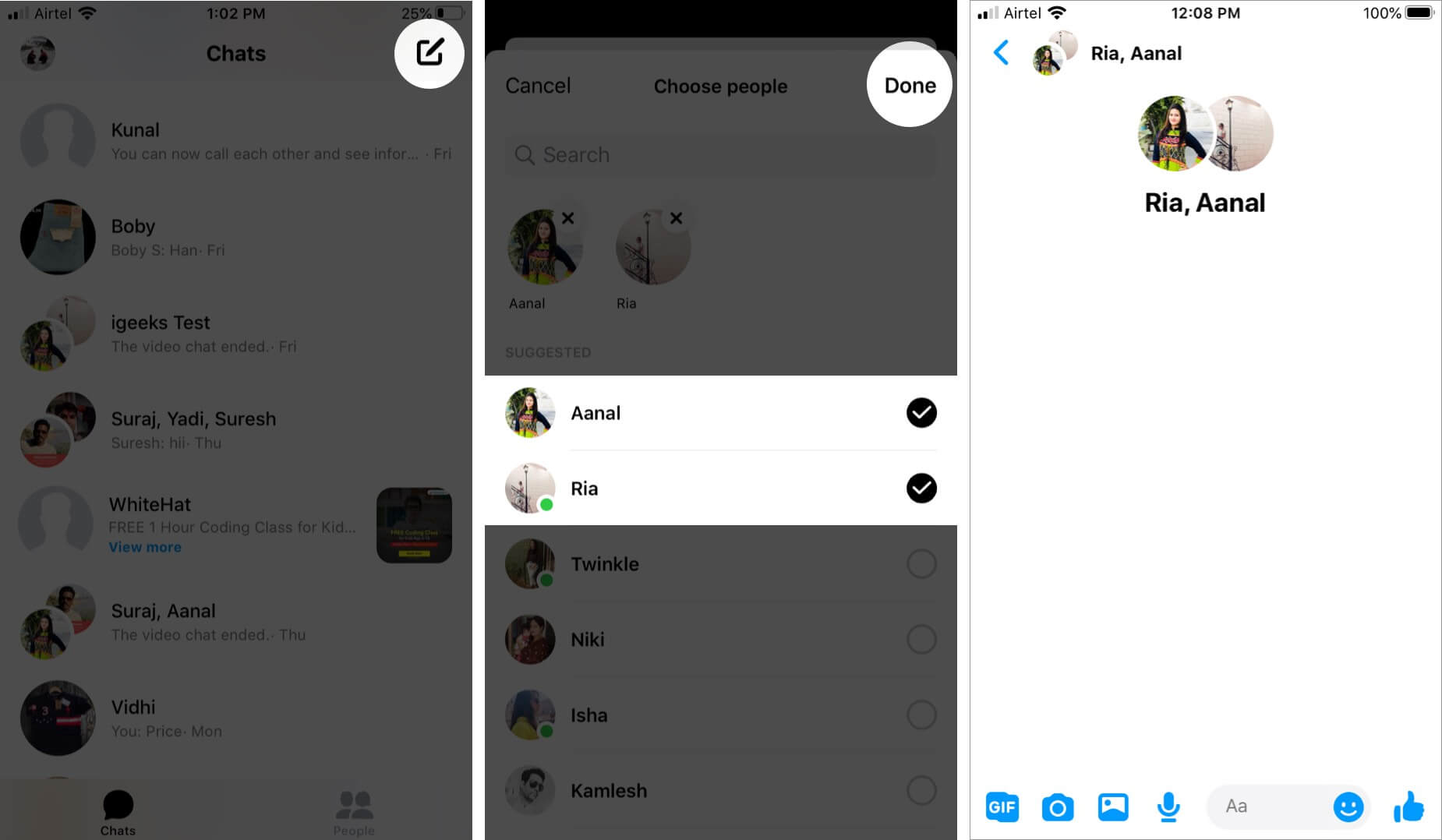 tap on new chat select people and tap on done in messenger on iphone