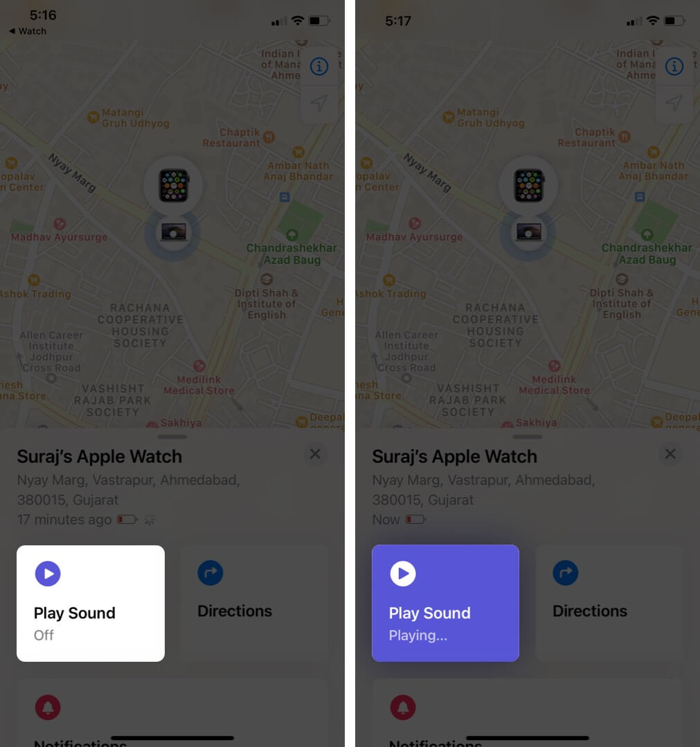 tap on play sound in find my apple watch to unfreeze it on iphone