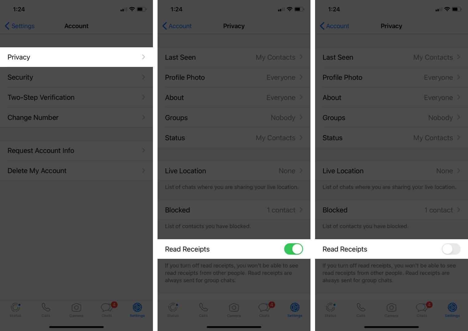 tap on privacy and turn off whatsapp read receipts on iphone