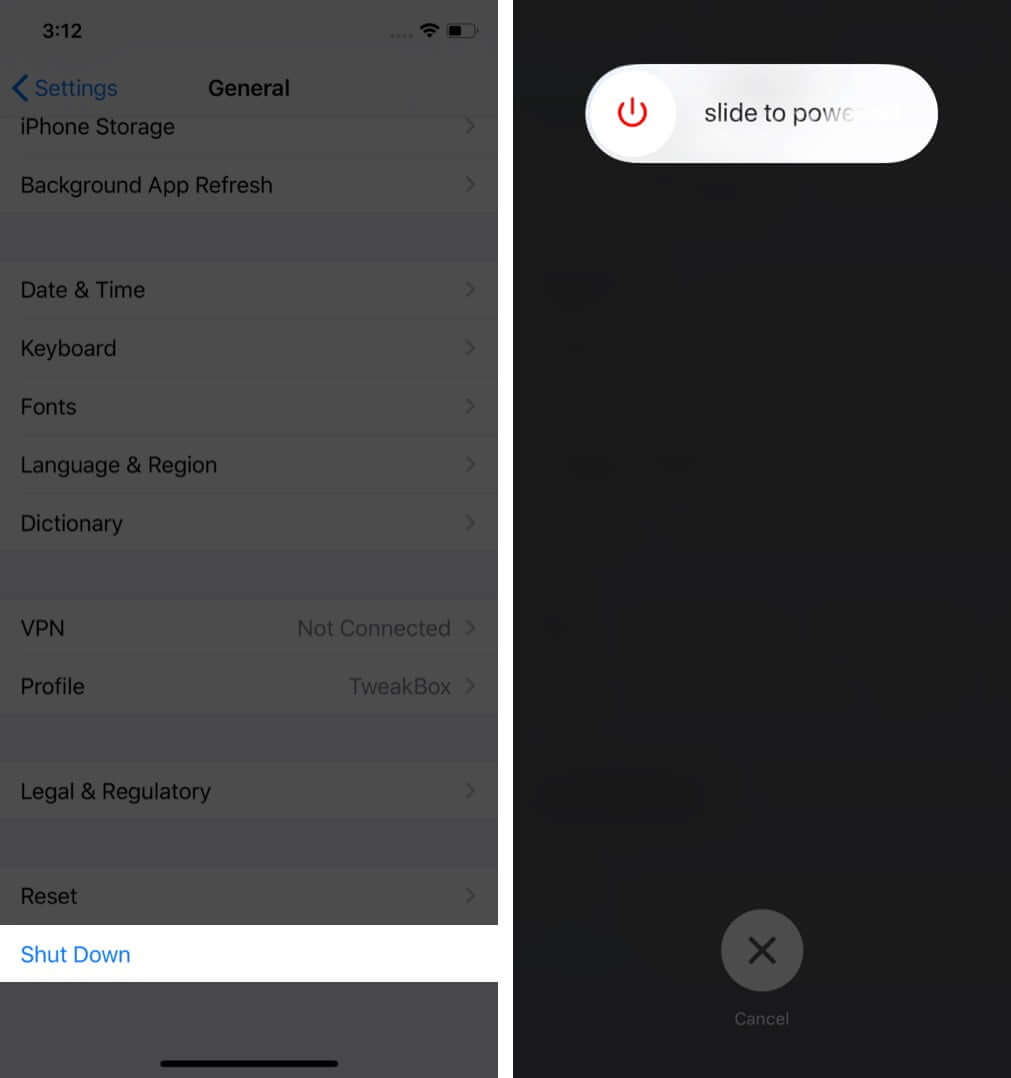 tap on shut down and drag slider to turn off iphone