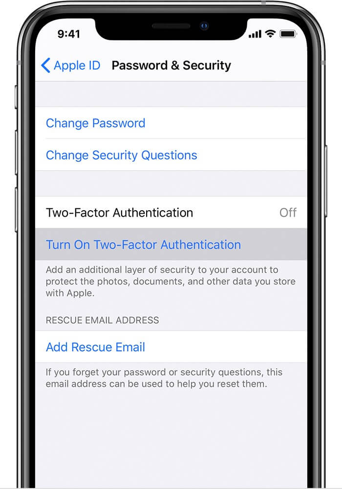 Tap on Turn On Two-Factor Authentication on iPhone