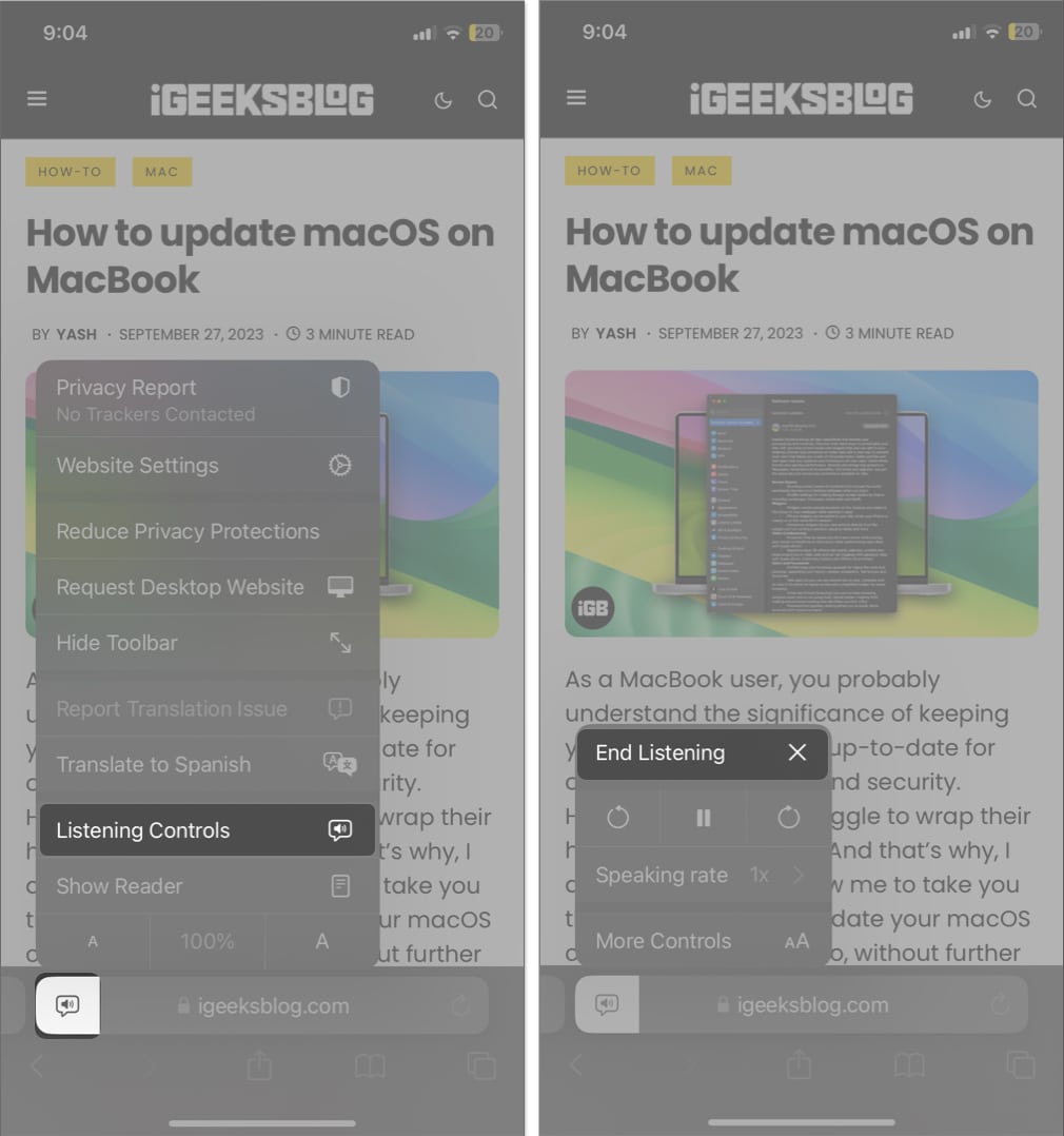 tap speaker icon, select listen controls, end listening in safari