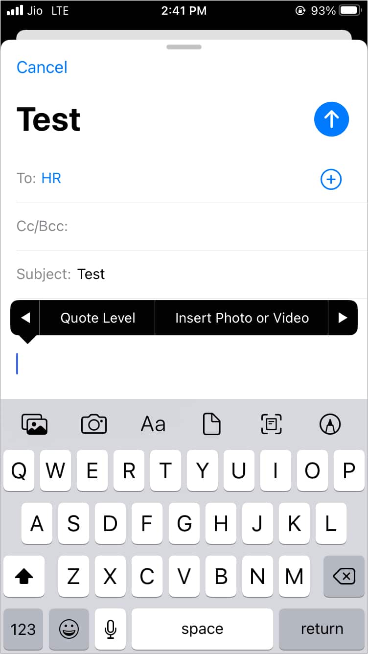 Tap to see Insert Photo or Video option in Mail app