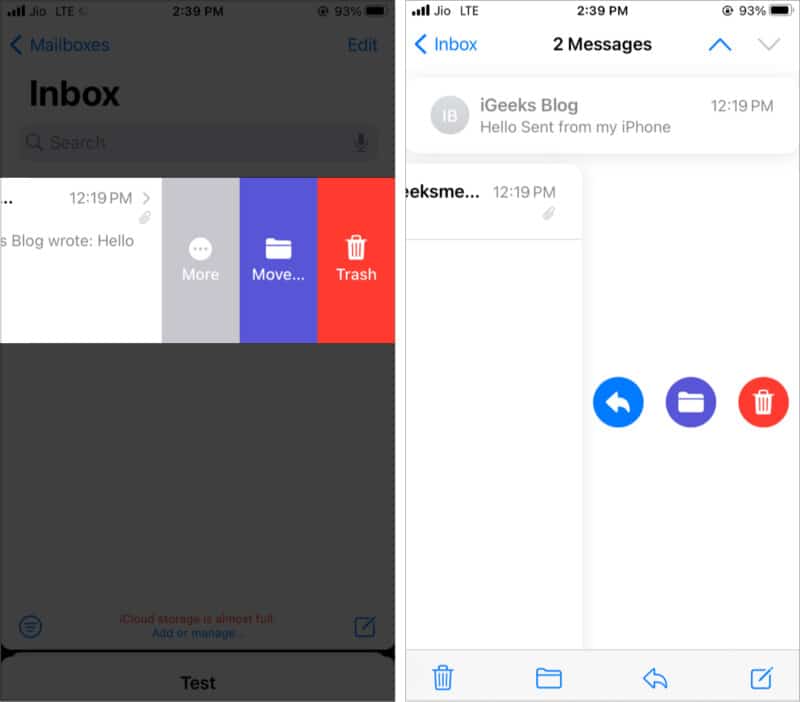 Use swipes to perform various actions in iPhone Mail app