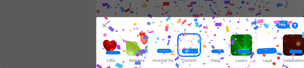 Choose the desired effect and hit the blue upwards arrow to send the message with effect on Mac
