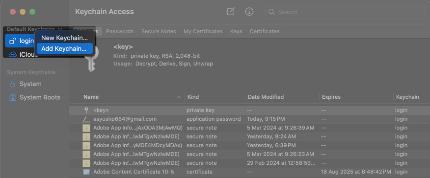 Open Keychain Access, Right-click Keychain Access app's sidebar and Select Add Keychain