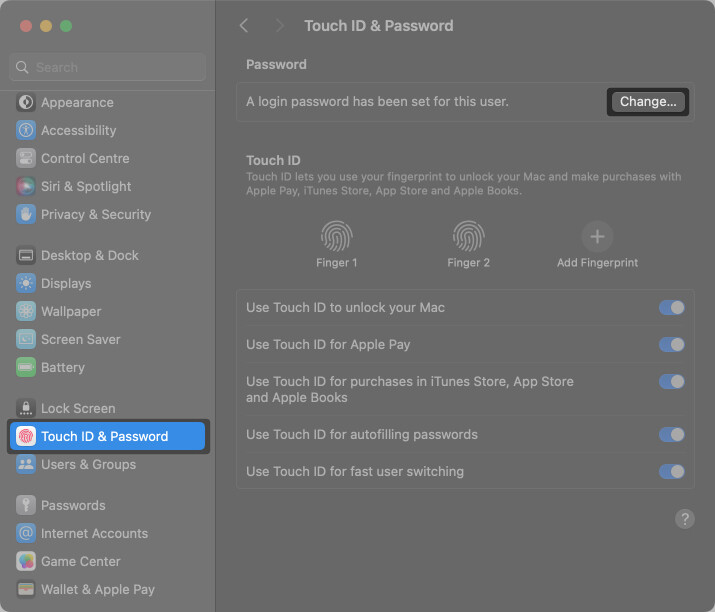 Open Settings on Mac, select Touch ID and Password and tap on Change