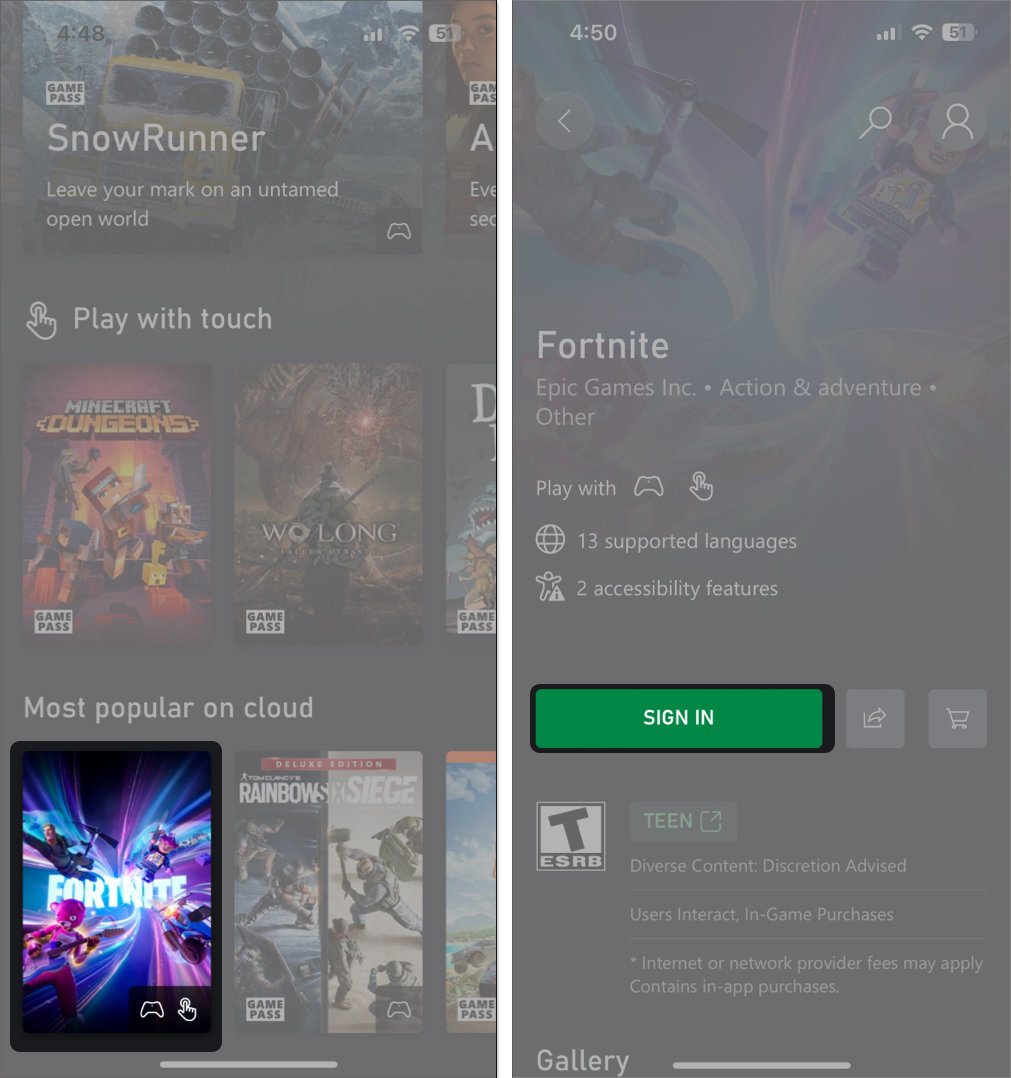 Open Xbox Cloud Gaming shortcut, tap on Fortnite and Sign In