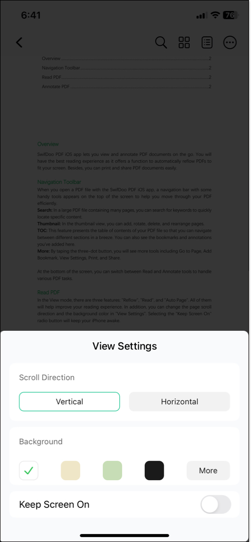 PDF view features of SwiftDoo iOS app