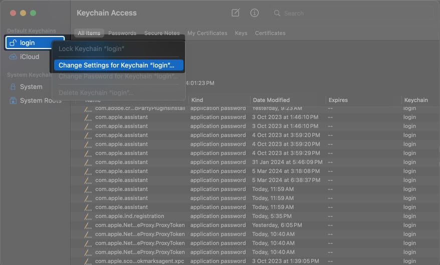 Right-click on login and Then select Change Settings for Keychain login