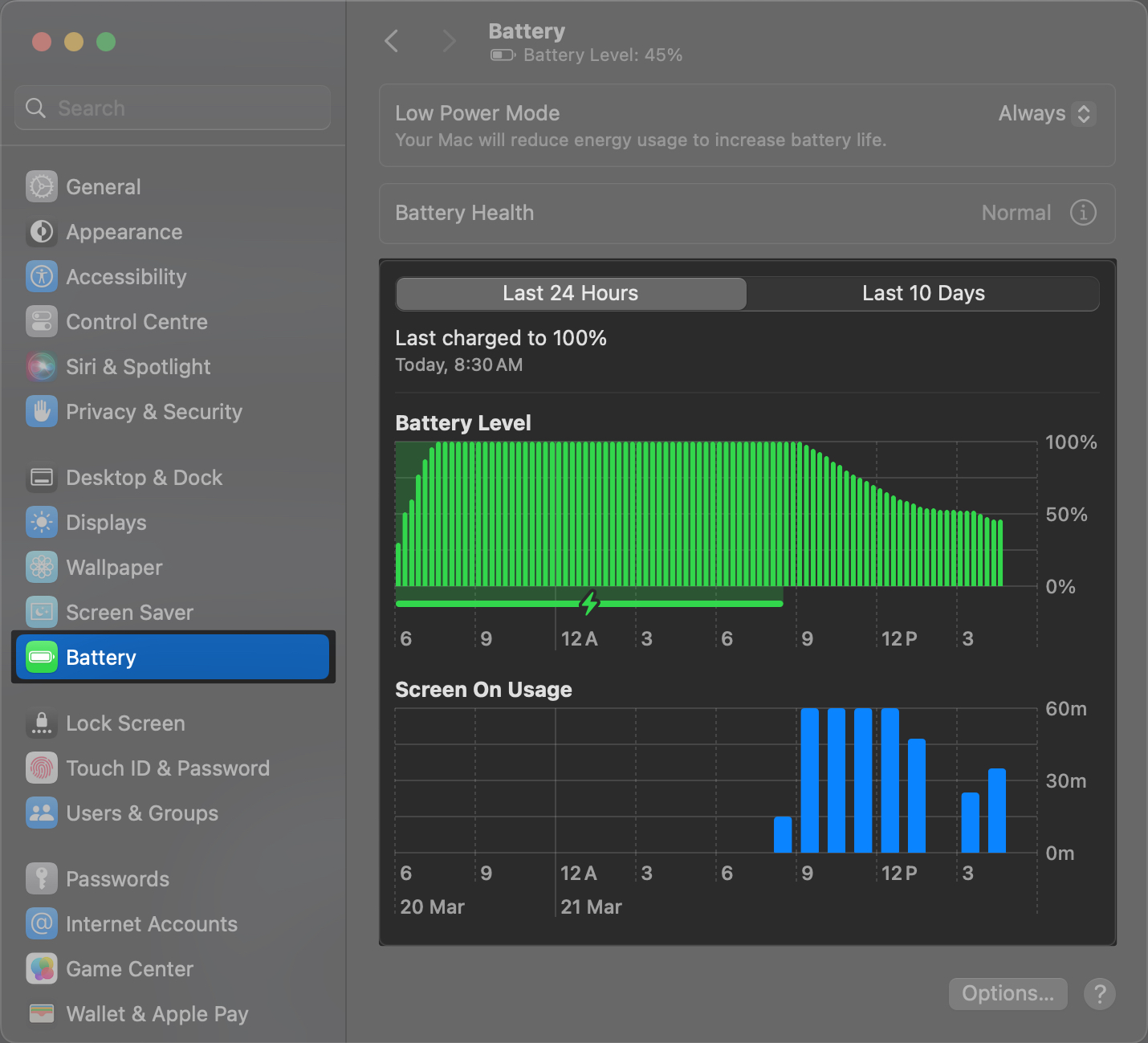 Select Battery and view the battery usage graph on Mac