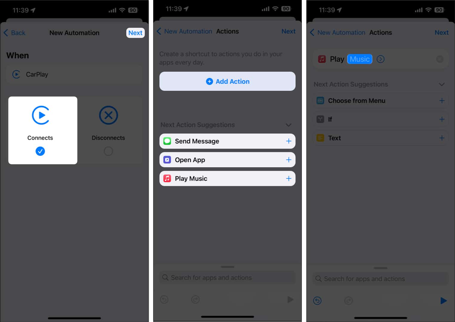 Select Connects choose an action tap Music in Shortcuts