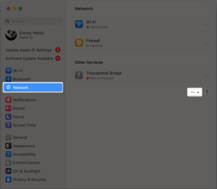 Select Network and tap the three-dot icon on your Mac