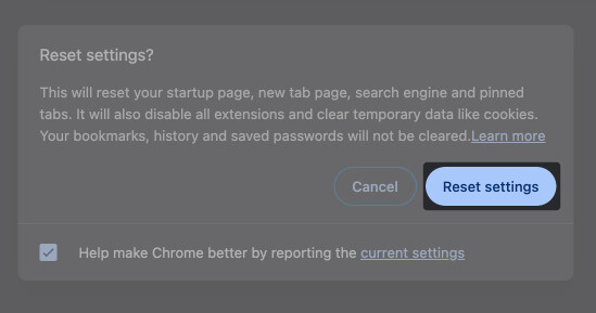 Select Reset Settings in Chrome on Mac