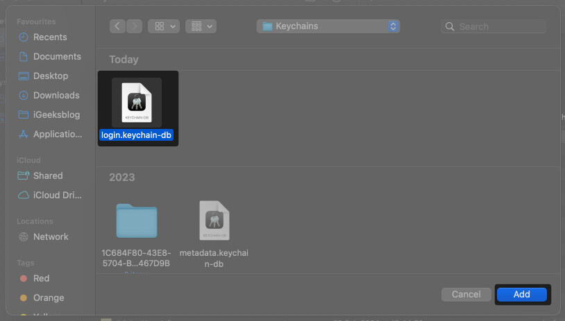 Select login.keychain-db and click on Add