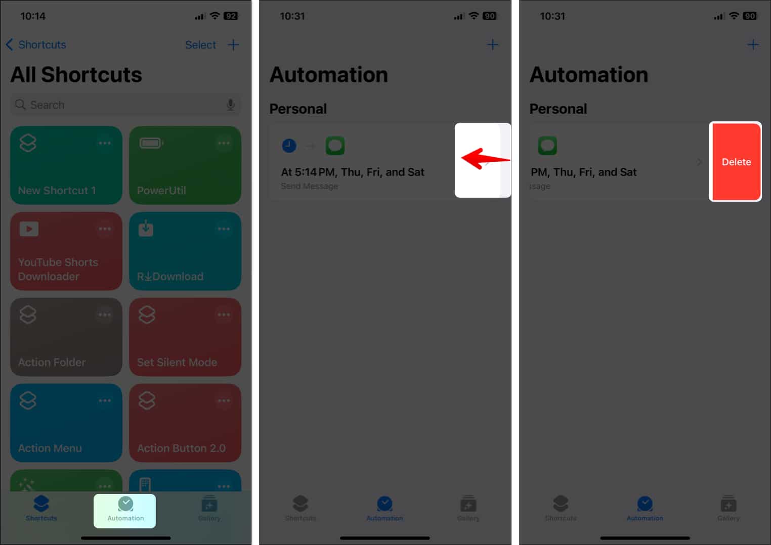 Select the Automation tab in Shortcuts app, swipe left on the automation and Tap Delete