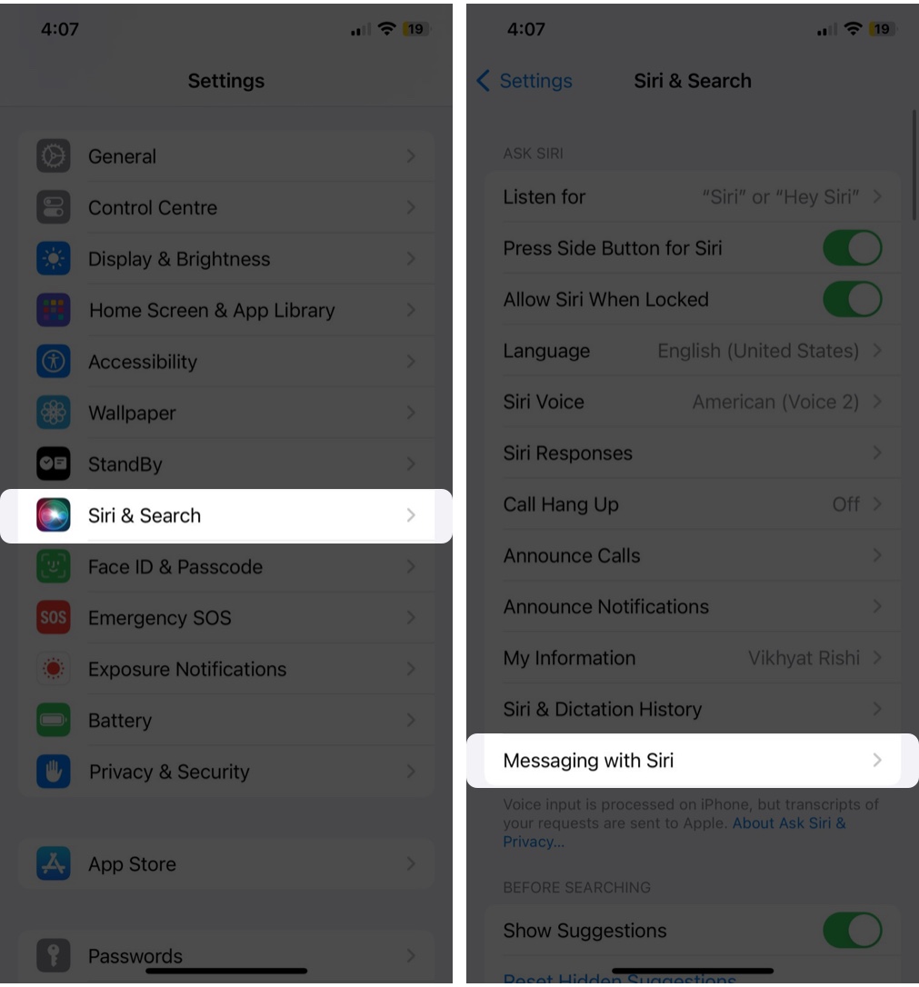 Tap Messaging with Siri under Siri and Search on iPhone