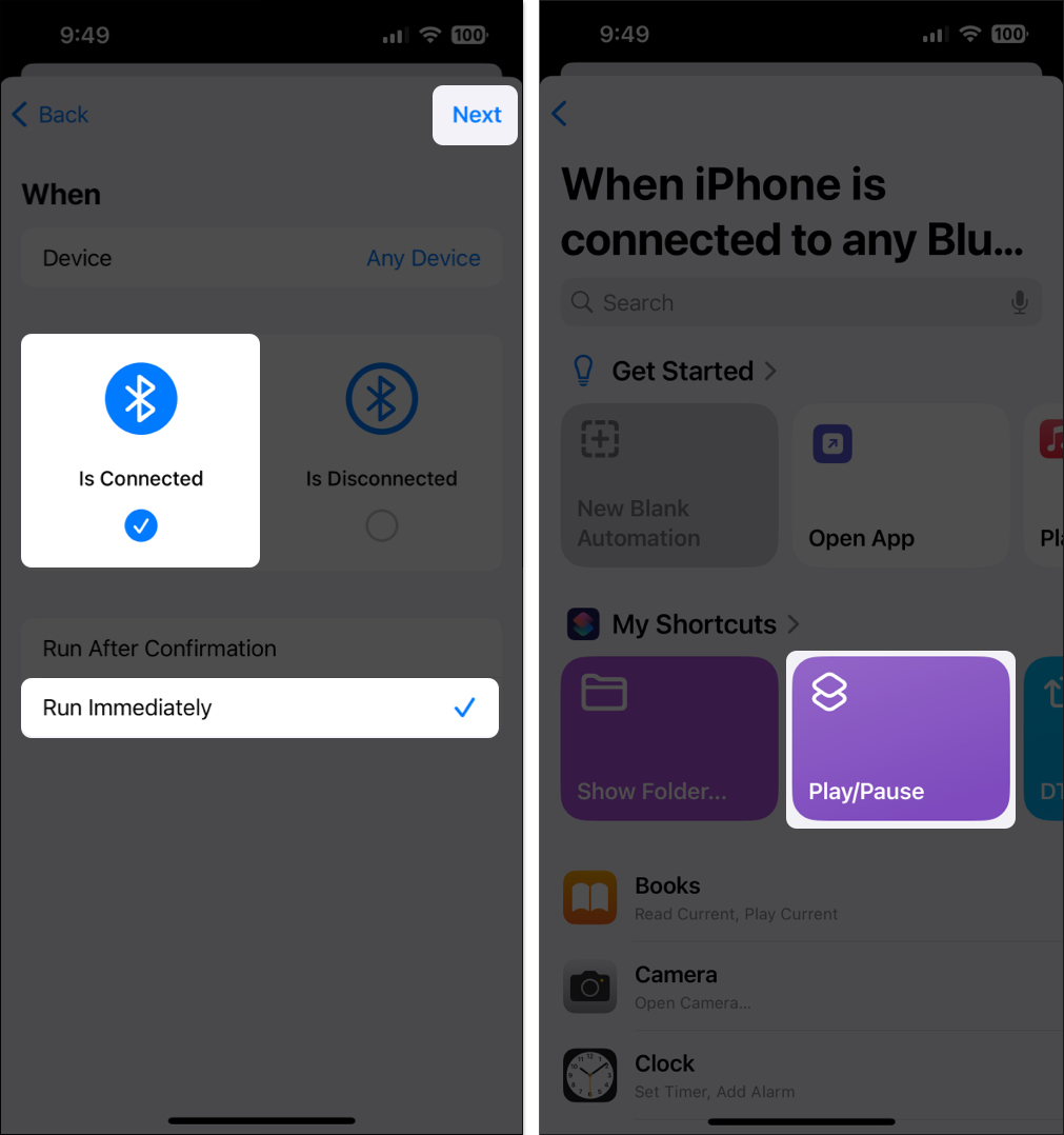 Tap on Is connected, Run Immediately, Then, tap Next and Select Play:Pause shortcut