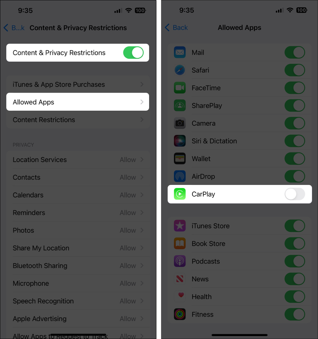 Toggle on Content and Privacy Restrictions, Tap Allowed Apps and Toggle off CarPlay