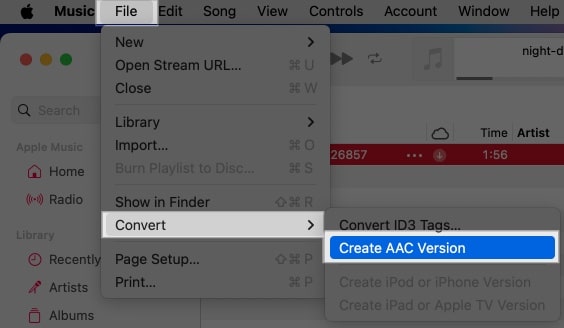 Click on File and select Convert and Create AAC Version