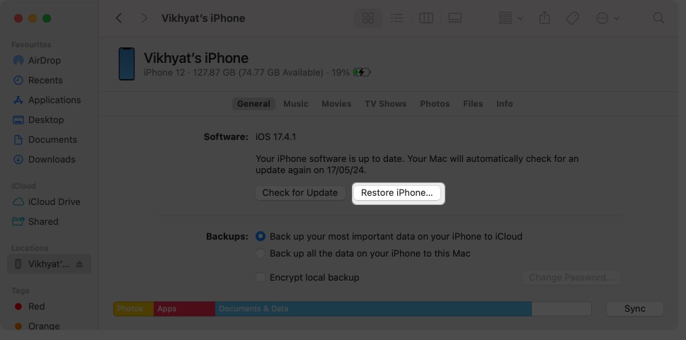 Restore iPhone using Finder