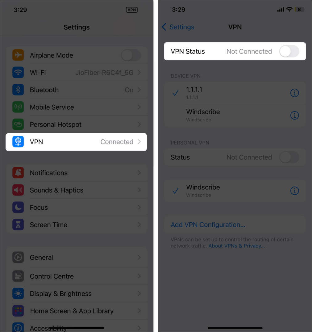 Turn off VPN on iPhone
