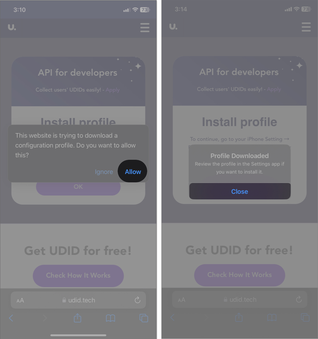 tap allow and close to download udid on iphone