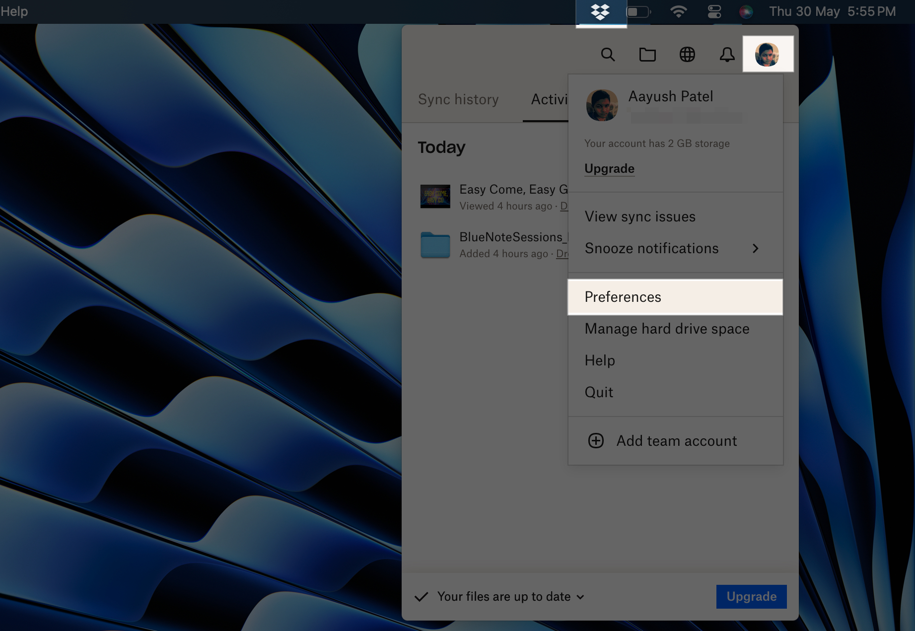 Choose Preferences under profile in Dropbox app,