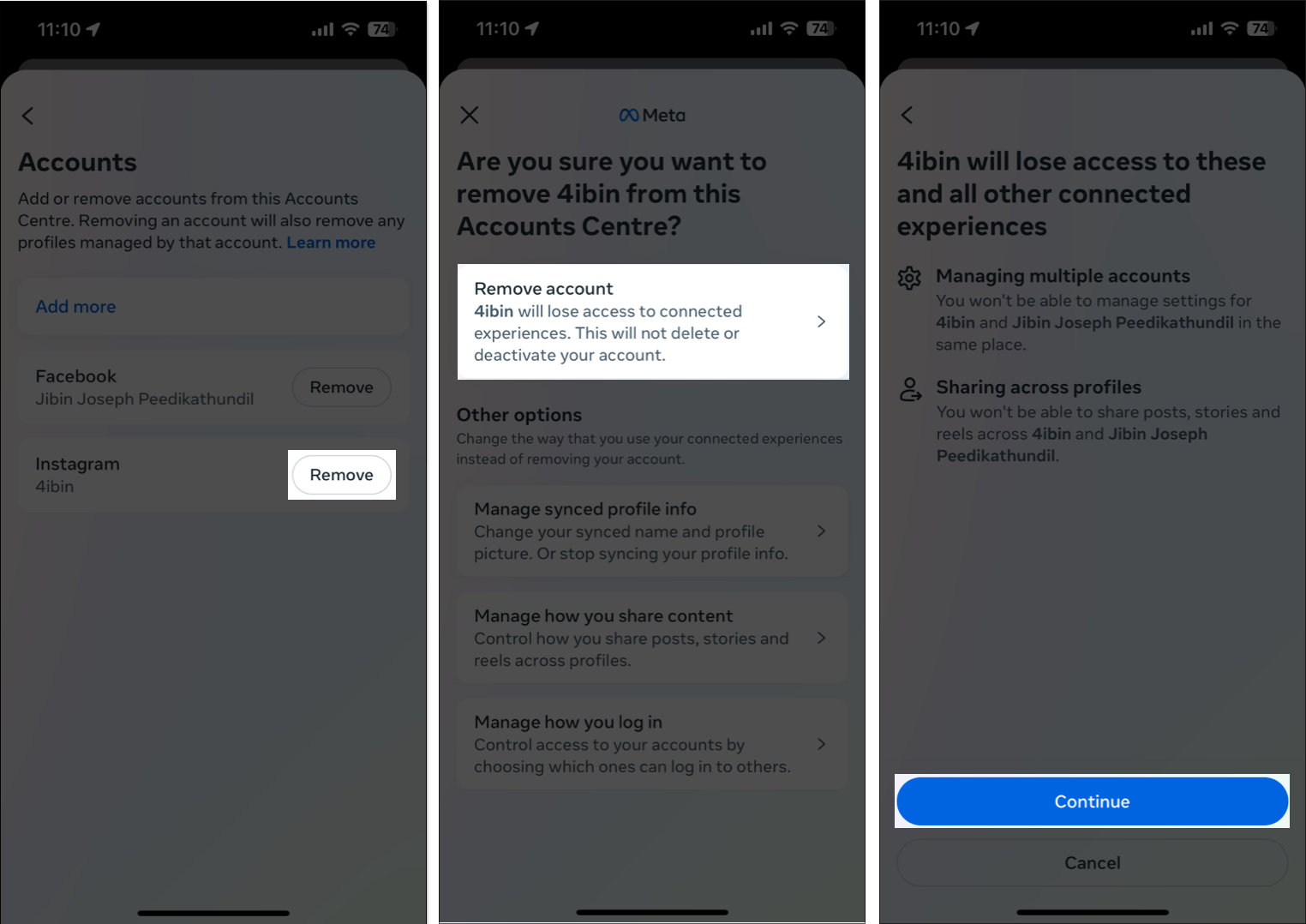 Continue to Remove Instagram account from Facebook