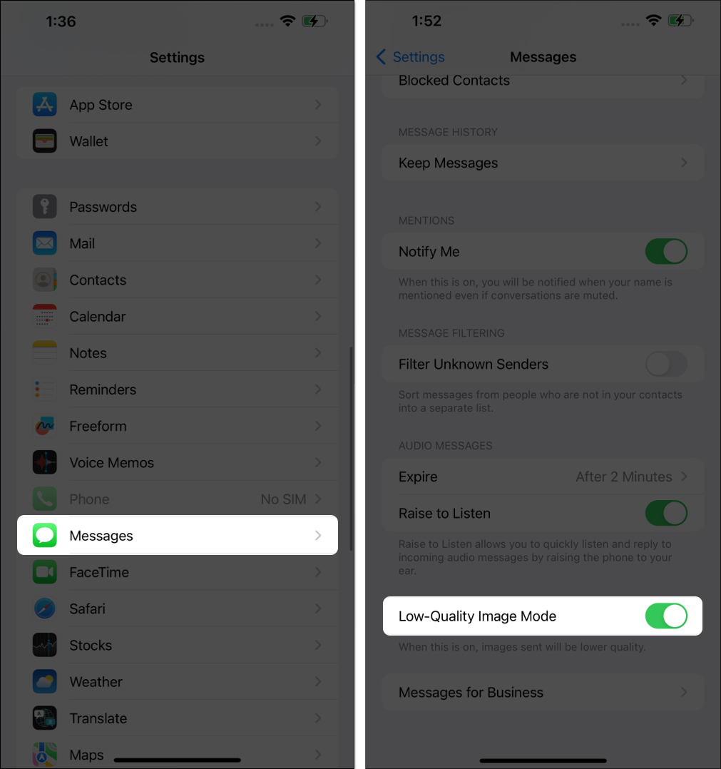Go to messages toggle on low quality image mode on iphone