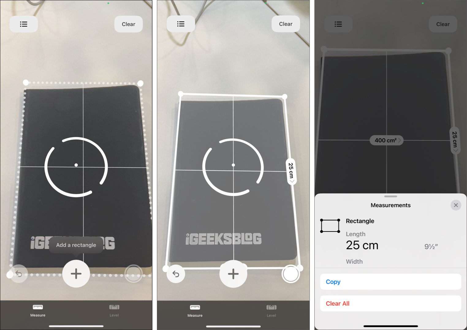 Measure surface area of rectangular object in measure app