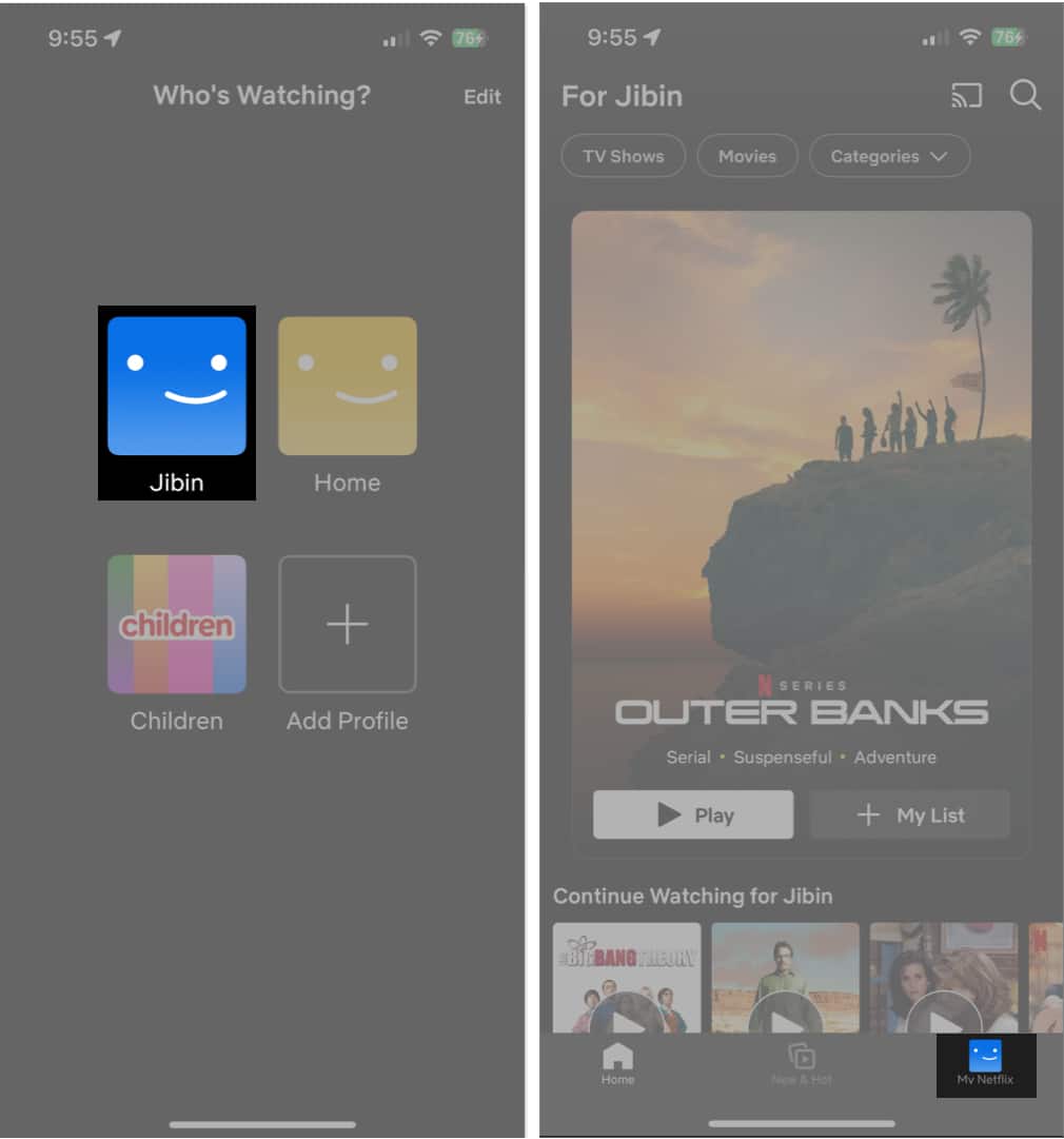 My Netflix Profile tab in Netflix app