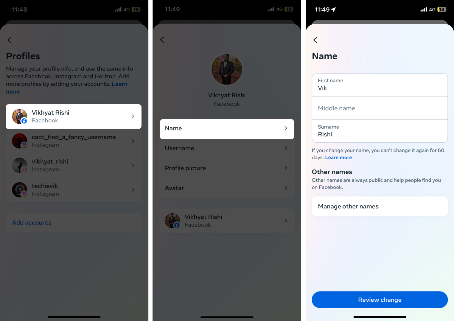 Select Facebook profile, tap Name, add new name, select Review change