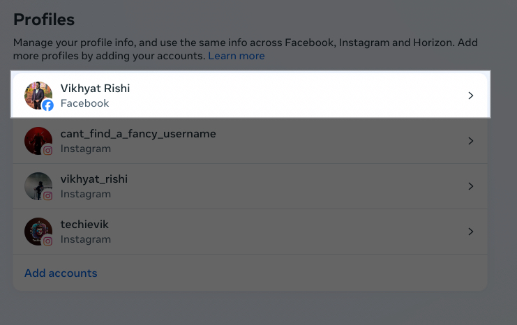 Select Facebook profile