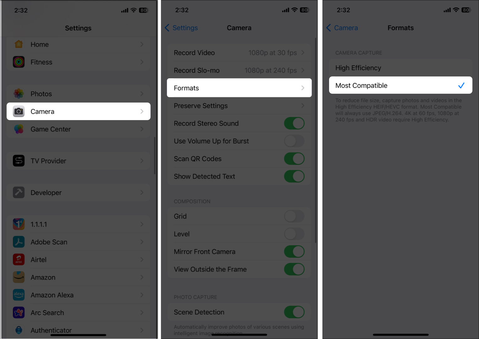 Select most compatible formats in camera settings