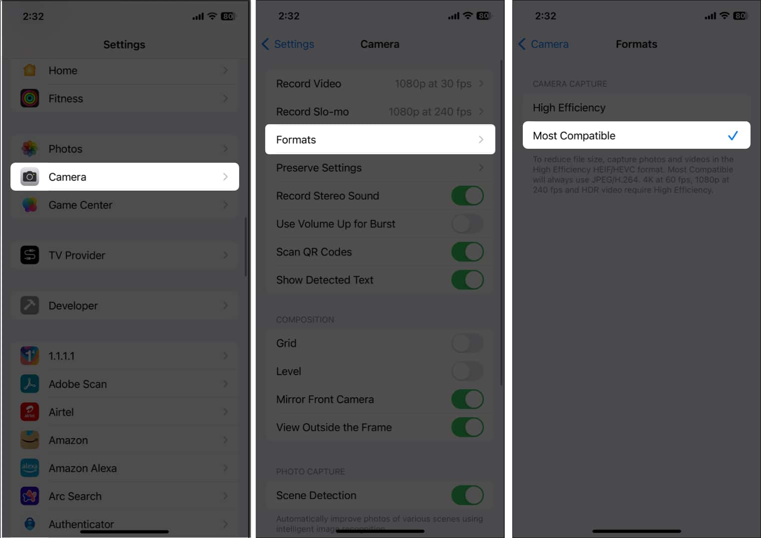 Select Most Compatible Formats in Camera Settings